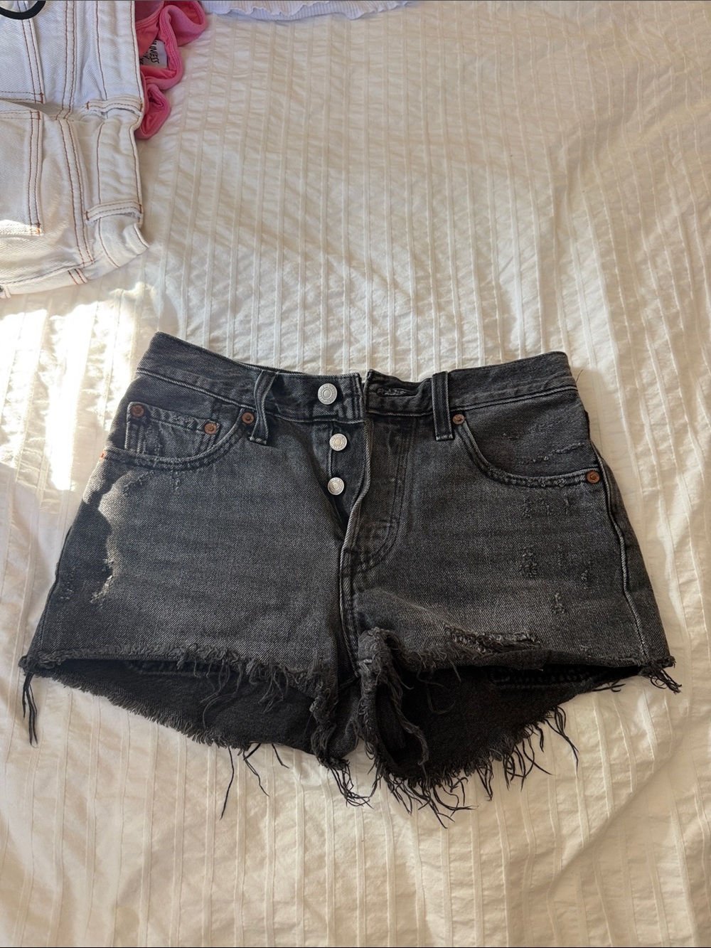 Levi's Black Distressed Button-Fly Denim Shorts